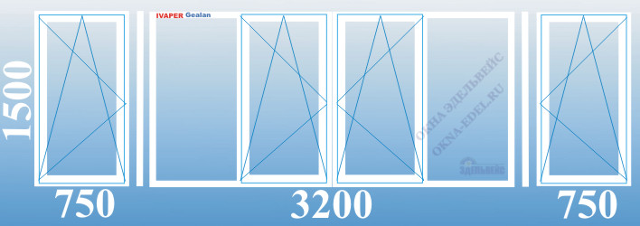 02. Цена. Стоимость теплого остекления П-образного балкона 3,2 метра пластиковыми окнами с 4 поворотно-откидными створками Ivaper, Veka, Rehau в Санкт-Петербурге.